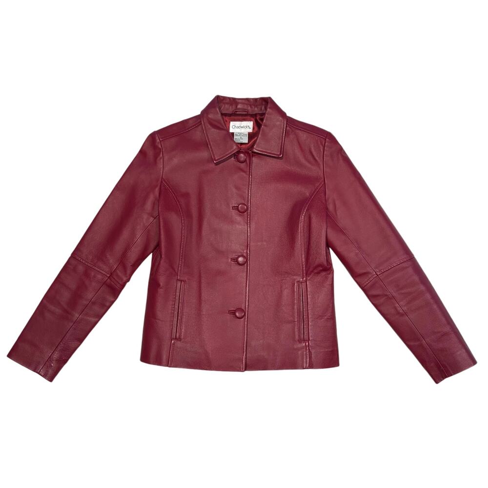 Chadwick's Red Leather Button Up Collared Jacket Size M